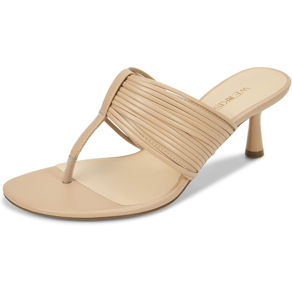 Women's Nude Leather 2 Inch Low Heeled Flip Flops with Rounded Open Toe